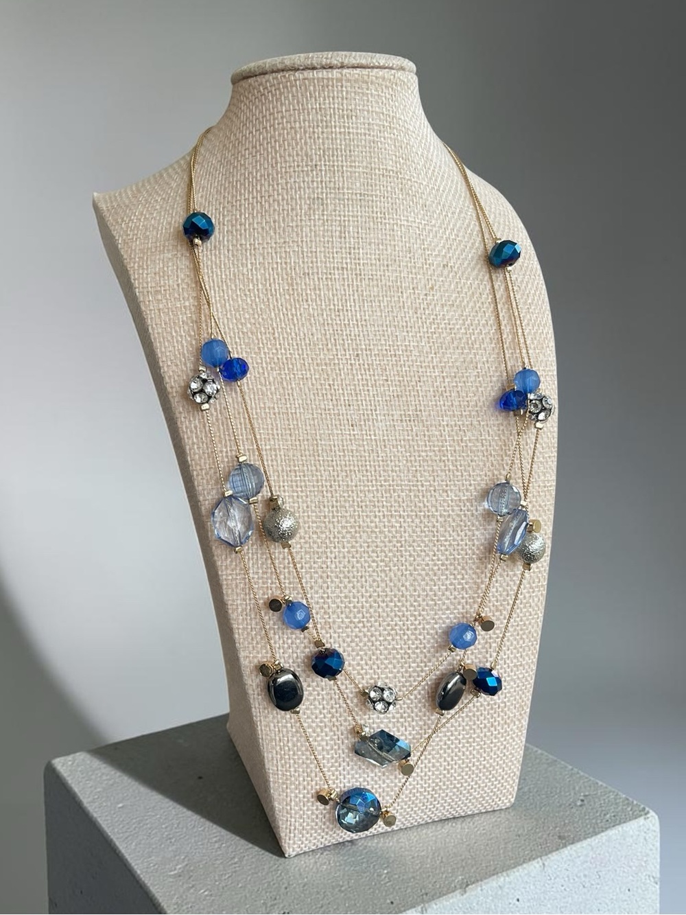 Blue Crystal Station Necklace Silver Tone Textured Beads Gold Chain